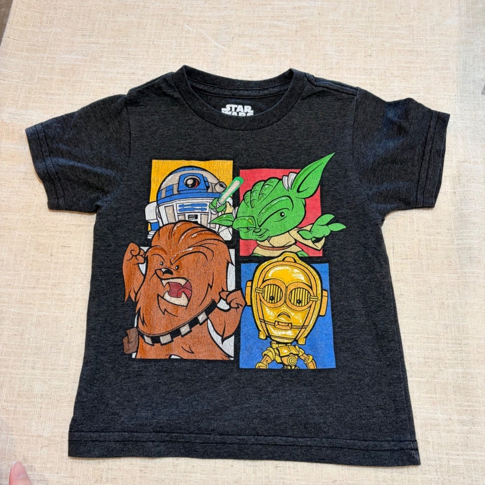 Star Wars Toddler Boys 3T Graphic Tee Charcoal Gray Yoda Chewbacca R2-D2 C-3PO